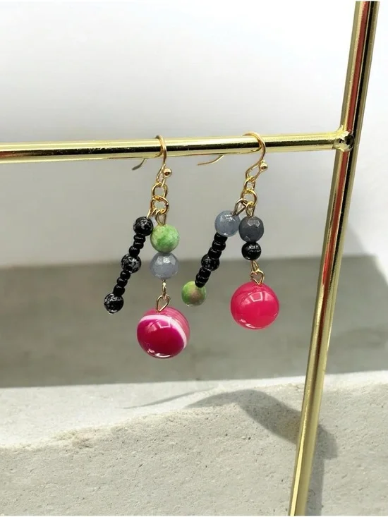Handcrafted Multicolor Bead Necklace with Pink Drop Earrings - Picture 5 of 9